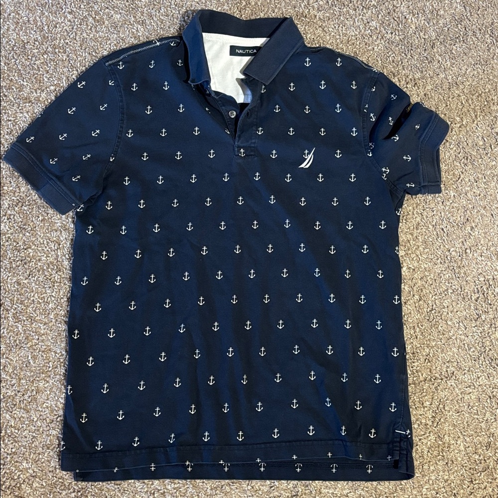 Nautica Navy Blue Anchor Print Polo Shirt Medium NWOT